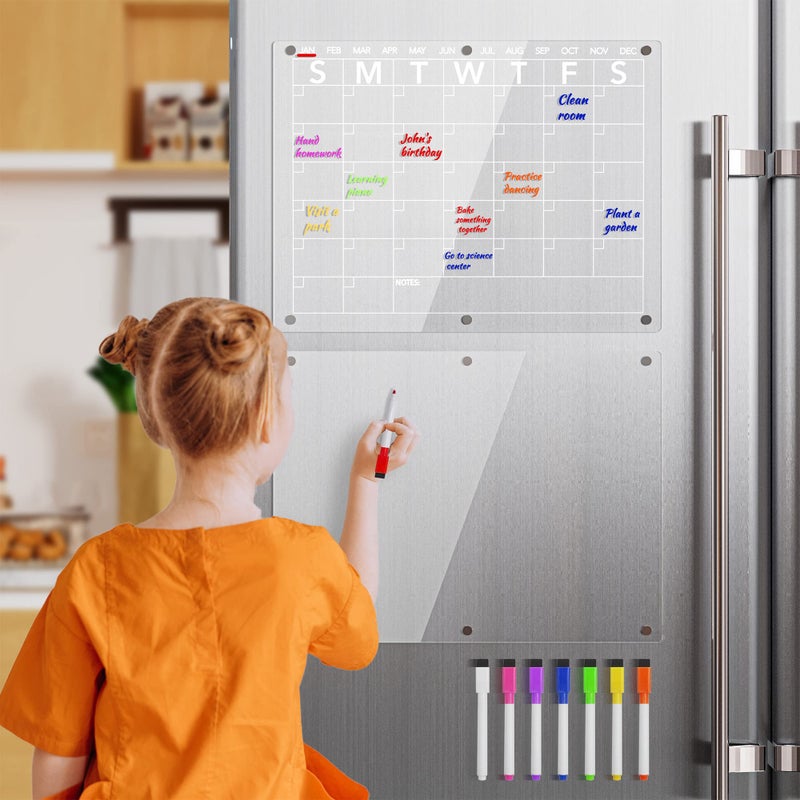 تقويم لوح المسح الجاف المغناطيسي من الأكريليك من Neatsure للثلاجة، مخطط شهري شفاف وسبورة بيضاء للمذكرة للثلاجة مع 8 علامات ألوان 15 × 11 بوصة - Image 2